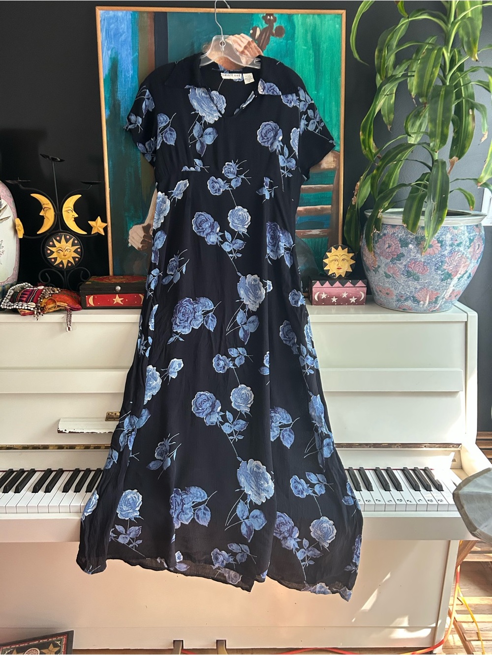 Vintage Smart Set Black Blue Rose Floral Maxi Dress Size 13 90s Grunge